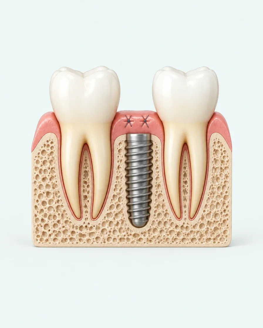 Implant tek postavljen u kost, desni zašivene iznad njega